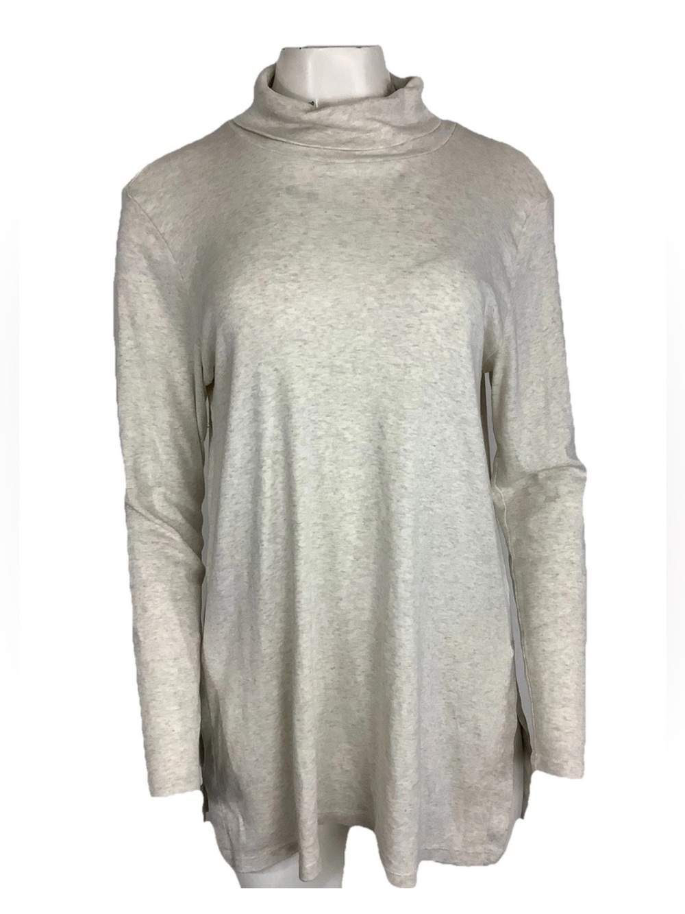 J Jill Sz M 100% Pima Cotton Side Vent Turtleneck Tunic Top Long Sleeve Beige